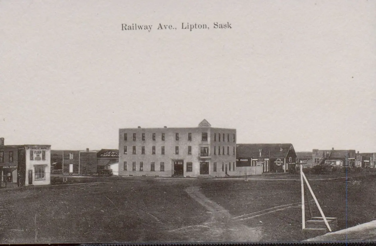 Railway Ave. with the hotel and stores, about 1911